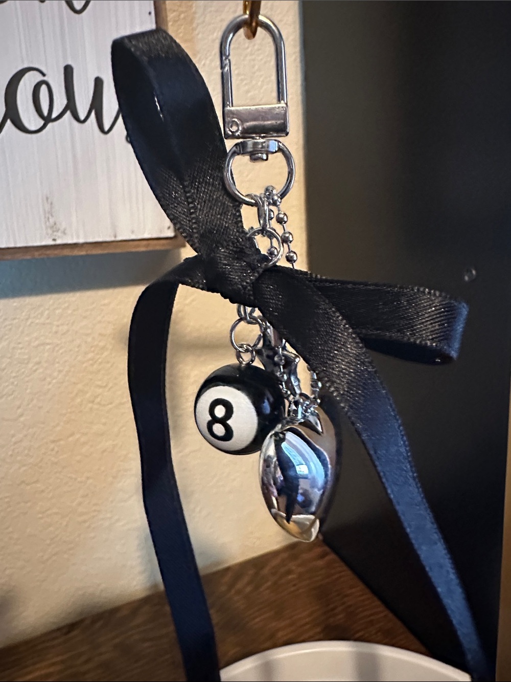 8-Ball Charm Keychain with Black Ribbon - Picture 6 of 6